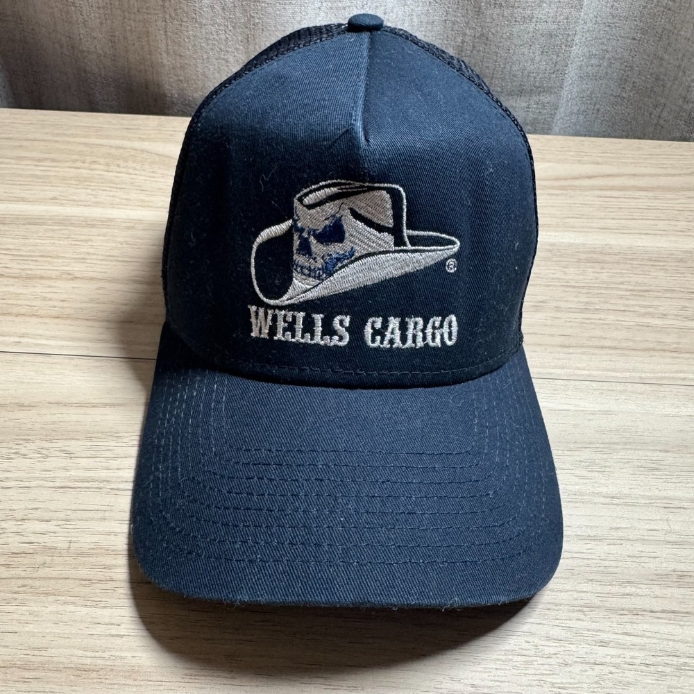 New Era 9FORTY Trucker Hat Mens OSFM Navy Blue Wells Cargo Skull Cap Biker Edgy